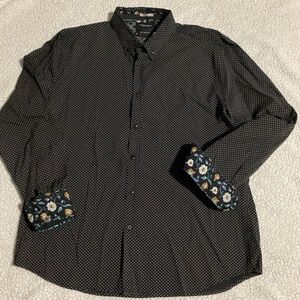 Denim & Flower Men’s Black Polka Dot Long Sleeve Button Up Shirt Floral Cuffs XL